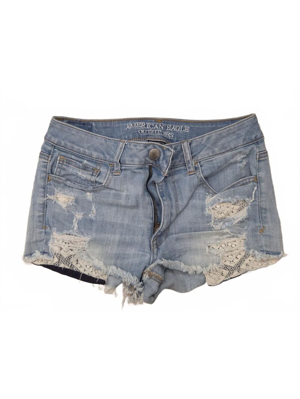 American Eagle Hi-Rise Shortie Distressed Denim Shorts Lace Inserts Size 6
